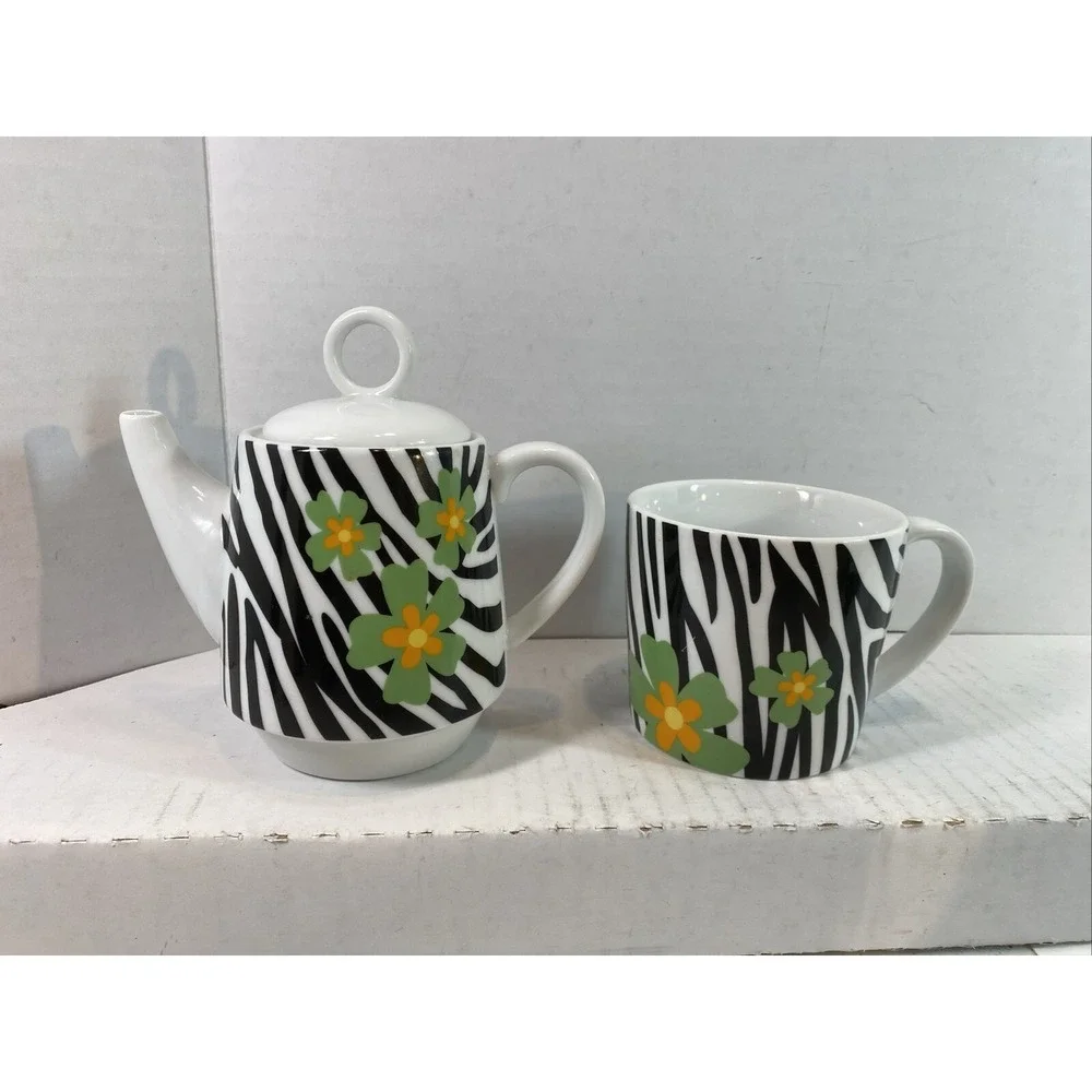 TEA FOR ONE Cute Ceramic Teapot &‎ Cup Zebra Stripe and Flowers
